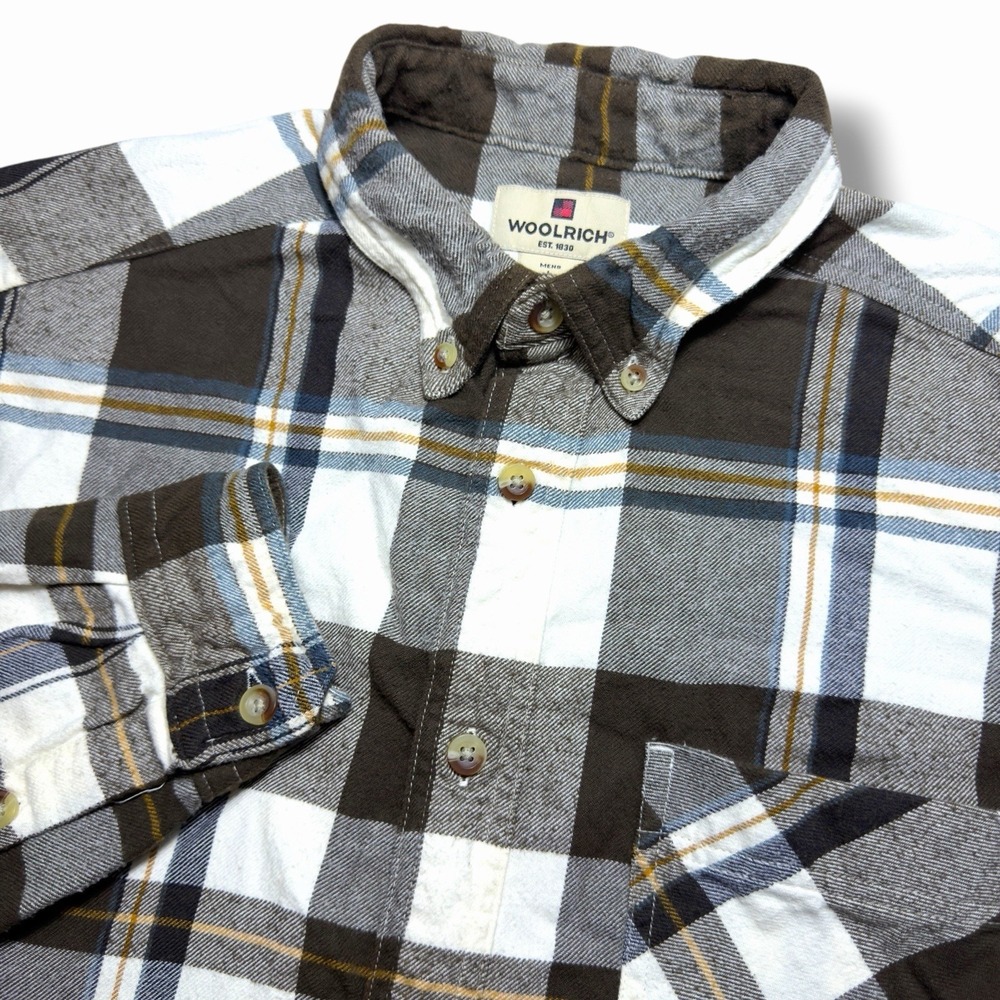 Woolrich Large  Plaid Flannel Button Down Brown White Cotton Western men Shirt